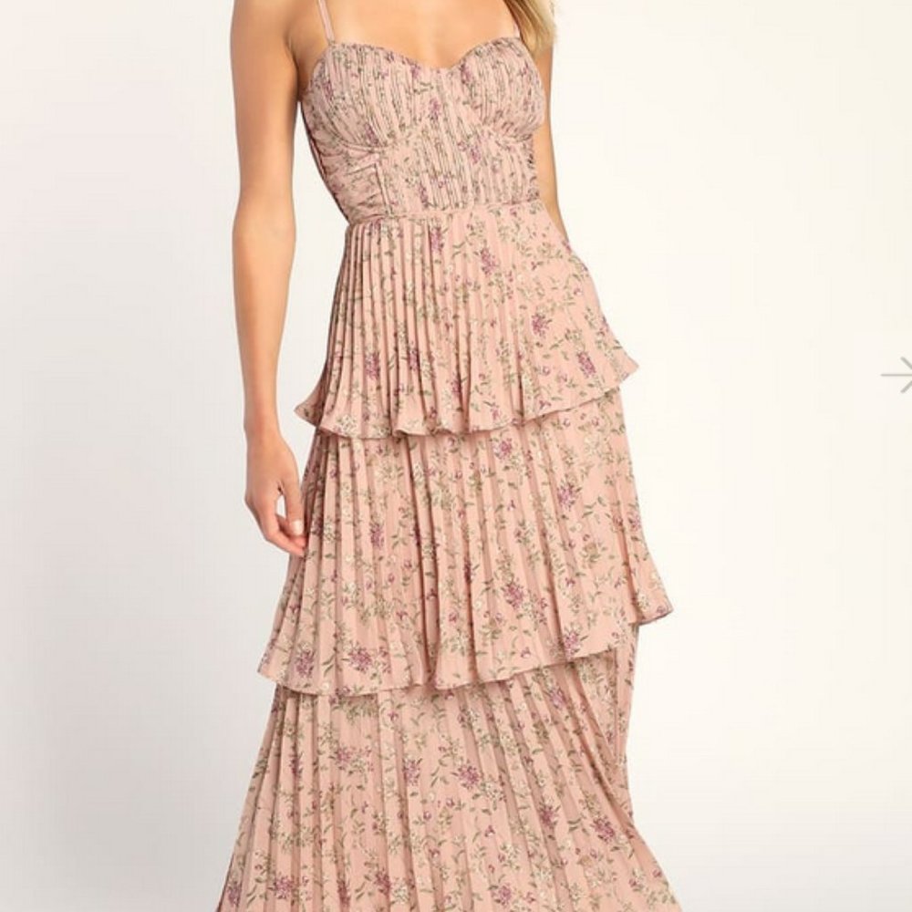 Cascading Crush Pink Floral Print Tiered Bustier Midi Dress